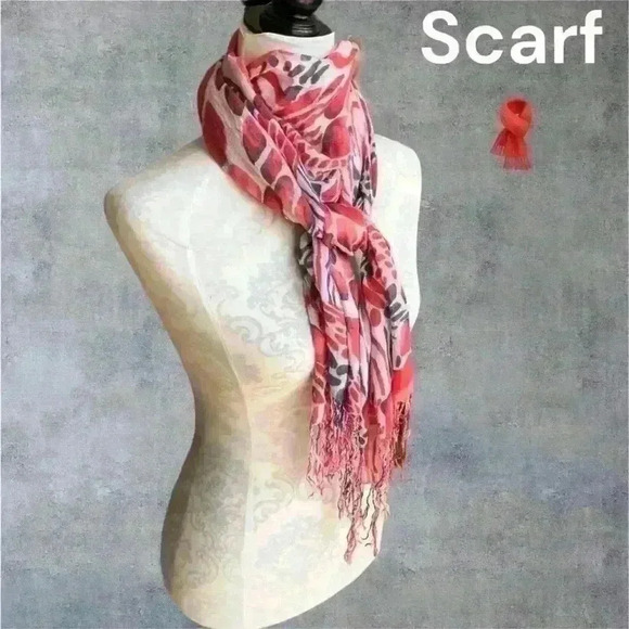 Scarf w/fringes red  blue and white - Picture 6 of 9